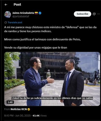 Jaime Arizabaleta también criticó al