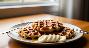 Plato con tres waffles de zanahoria y avena, bañados en miel, con rodajas de banana a un lado, sobre una mesa de madera bajo luz natural cerca de una ventana.