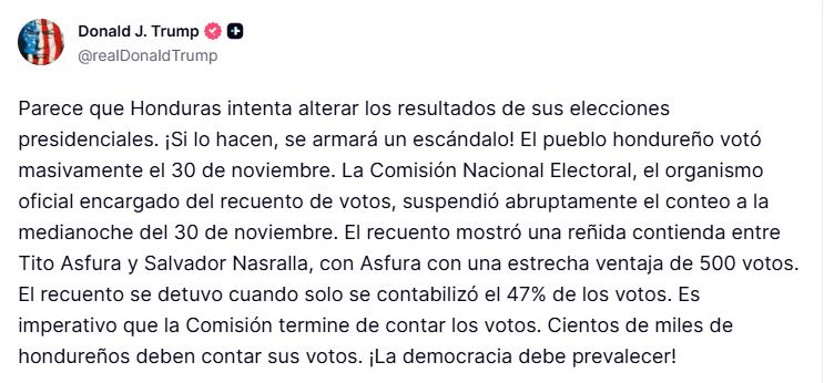 El mensaje de Trump publicado en Truth Social