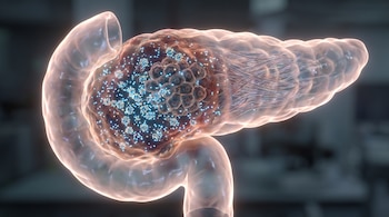 Render biomédico hiperrealista de un páncreas humano parcialmente transparente. Un tumor oscuro en el interior es rodeado por miles de partículas virales luminosas.