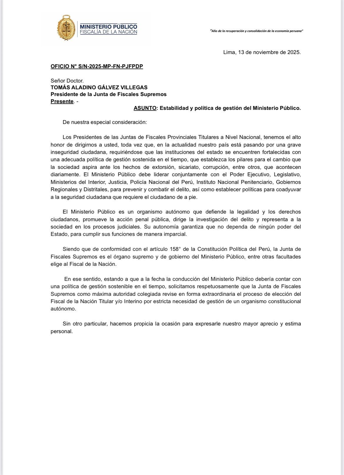 Oficio que los presidentes de las Juntas de Fiscales Provinciales enviaron a Tomás Gálvez