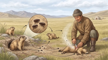 Marmotas en una pradera, un detalle circular con pulgas, flechas de dirección y un hombre que manipula un animal cazado con un cuchillo.