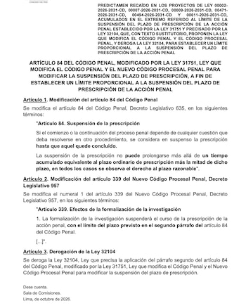 Página de un documento oficial del Congreso del Perú con textos legislativos impresos en tinta negra sobre fondo blanco