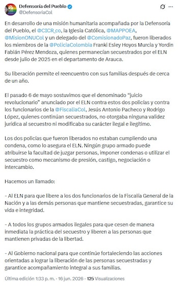 La Defensoría del Pueblo pidió al ELN liberar a dos funcionarios de la Fiscalía y a más secuestrados - crédito @DefensoriaCol/X