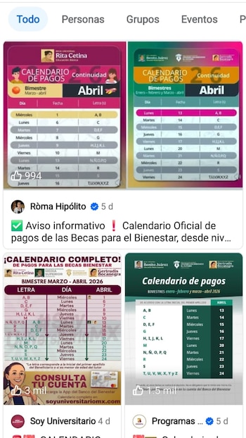 Captura de pantalla de un feed de Facebook con varias publicaciones mostrando calendarios de pago para las Becas Benito Juárez y otros Programas del Bienestar