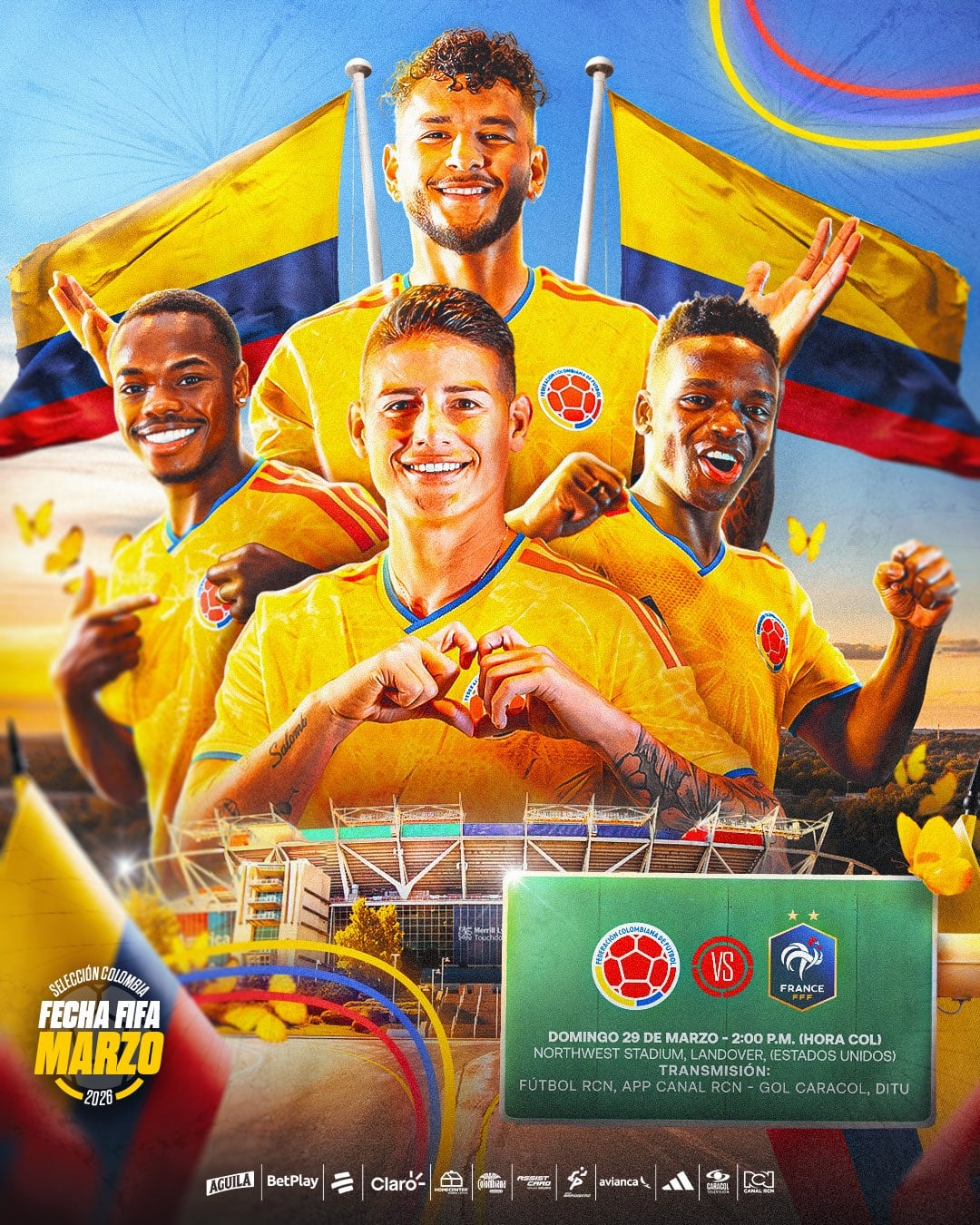 James Rodríguez, Luis Suárez, Johan Carbonero y Carlos Andrés Gómez son los jugadores presentes en el afiche de anuncio del partido de Colombia vs. Francia - crédito FCF