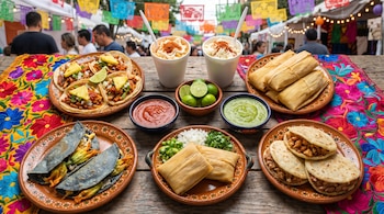 Vista aérea de mesa de madera rústica con mantel colorido, exhibiendo tacos al pastor, esquites, quesadillas, tamales y gorditas, con salsas y limones, en feria.