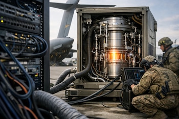 Dos militares en camuflaje operan una consola conectada a un módulo reactor metálico brillante. Un rack de servidores y un avión militar al fondo.