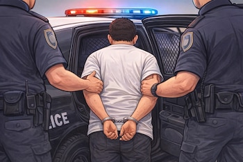 Ilustración de un hombre esposado con camisa blanca siendo introducido en un coche de policía por dos agentes, visto desde la espalda.