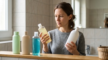 Una mujer sostiene dos botellas de plástico sin etiqueta frente a un estante con otros tres envases de colores en un baño.