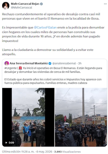 Mafe Carrascal denunció “atropello” en desalojo de familias que habitaron El Remanso por 16 años - crédito @MafeCarrascal/X