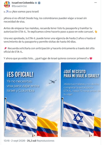 Los colombianos podrán ingresar a Israel sin visa tras tramitar la ETA-IL - crédito @IsraelinCol/X