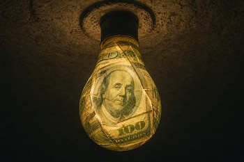 Una bombilla encendida envuelta en billetes de cien dólares estadounidenses cuelga de un techo.