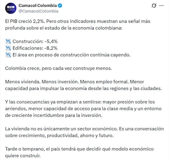 Camacol lamentó que la construcción haya dejado de ser gran motor del crecimiento del PIB colombianao - crédito @CamacolColombia/X