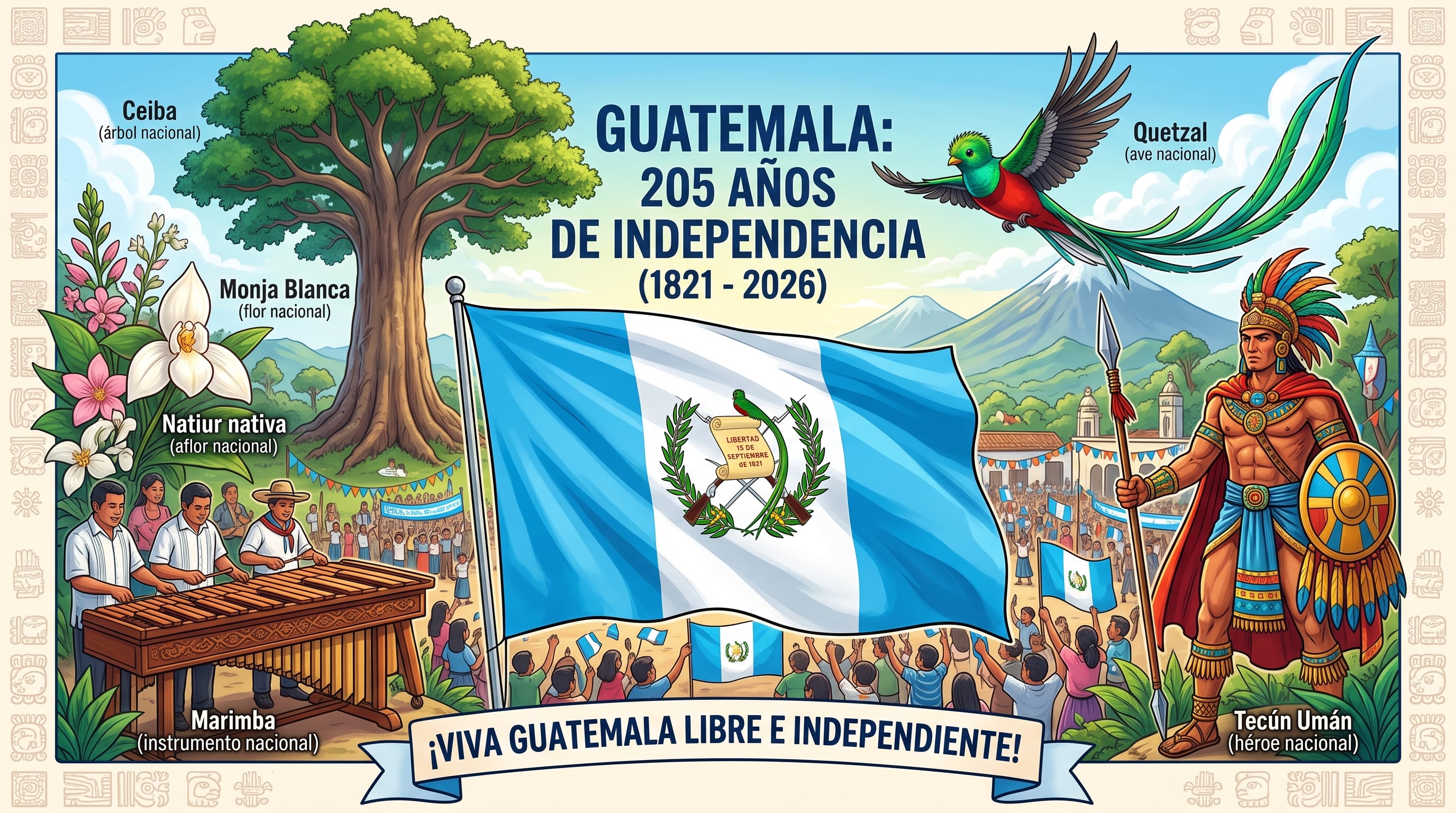 Una ilustración conmemorativa presenta los siete símbolos patrios de Guatemala junto a un mensaje sobre sus 205 años de independencia. (Imagen Ilustrativa Infobae)