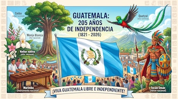 Ilustración con la bandera de Guatemala, un quetzal, una ceiba, la monja blanca, músicos junto a una marimba y Tecún Umán con lanza y escudo.