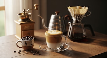 Mesa de madera con una taza de café latte decorado, una taza con granos de café, un molinillo manual, una tetera metálica y una cafetera de goteo de vidrio con filtro de papel.