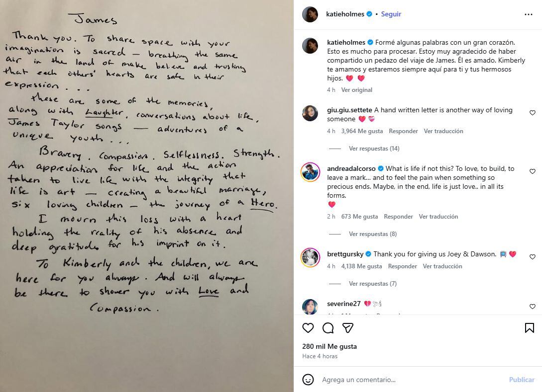 Katie Holmes se despidió a James Van Der Beek con una carta hecha a mano. (Instagram/@katieholmes)