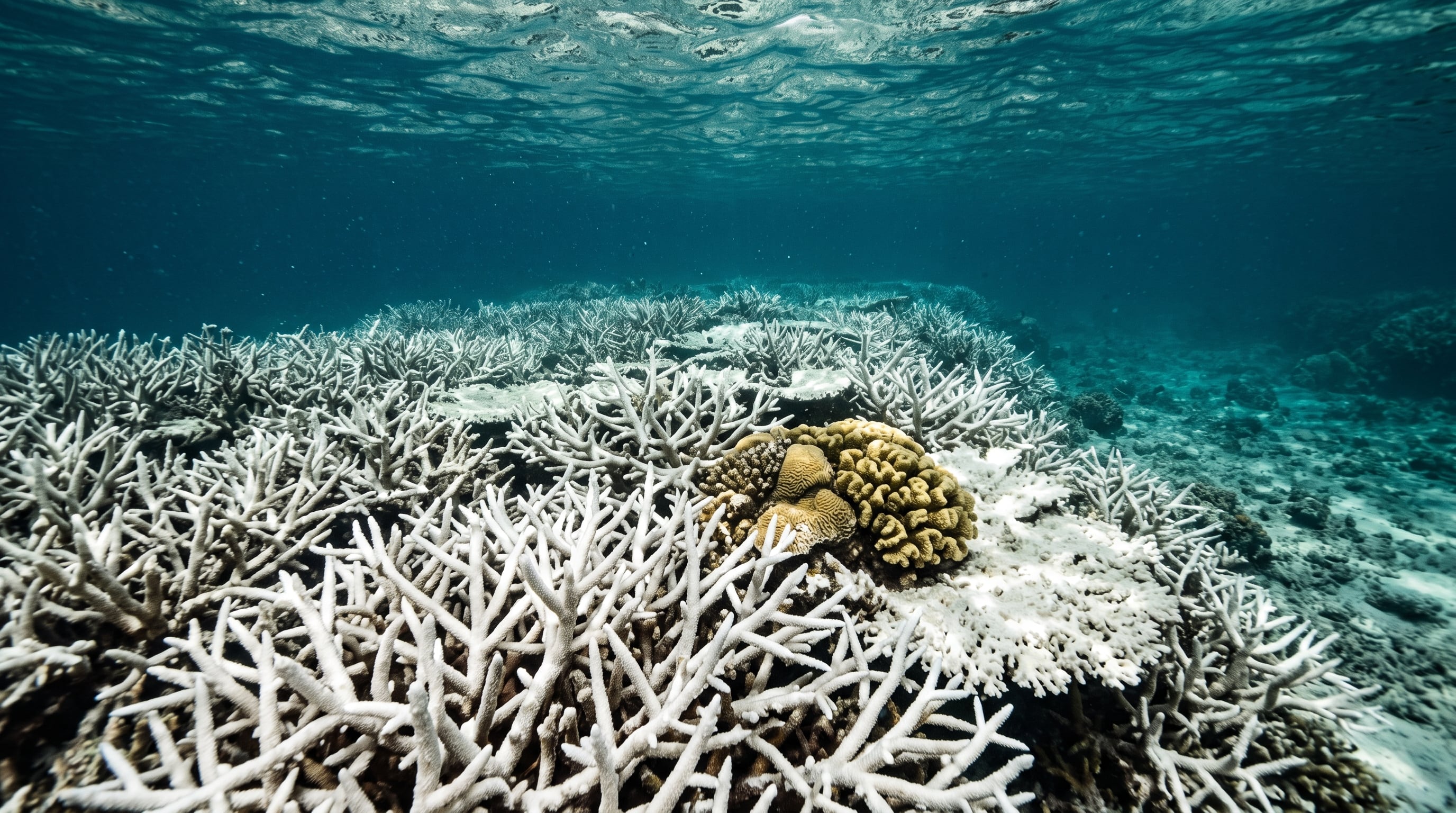 Una extensa colonia de corales ramificados blanqueados rodea una formación viva de coral cerebro bajo la superficie marina (Imagen Ilustrativa Infobae)