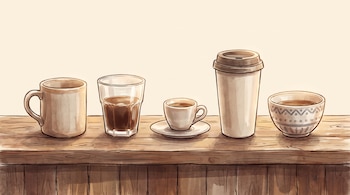 Una hilera de cinco recipientes llenos de café, incluyendo una taza, un vaso, una taza de espresso con plato, un vaso desechable y un cuenco, sobre una mesa de madera.