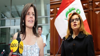Montaje con dos imágenes: mujer con micrófono RPP; mujer con gafas y saco negro, hablando en un podio con bandera de Perú de fondo