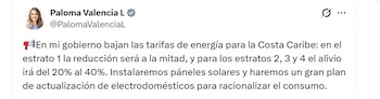 Paloma Valencia prometió subsidios, paneles solares y renovación de electrodomésticos para reducir el costo de las facturas de energía en la región Caribe - crédito @PalomaValenciaL/X