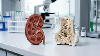 Un corte transversal de un riñón y una muestra de tejido óseo sobre una mesa de laboratorio junto a tubos de ensayo y frascos
