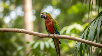 Un loro exótico de pecho rojo, cabeza verde y alas verdes y azules se posa sobre una rama horizontal con un fondo selvático verde y borroso.
