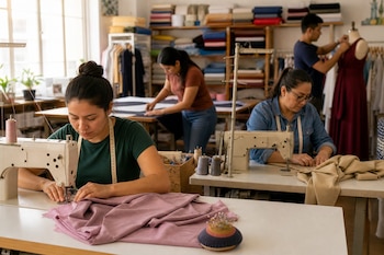 Cuatro personas trabajan con telas, máquinas de coser y un maniquí en una habitación con estantes llenos de rollos textiles.