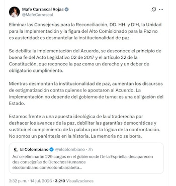 María Fernanda Carrascal cuestionó la propuesta de Abelardo de la Espriella de eliminar dependencias relacionadas con la paz - crédito @MafeCarrascal/X