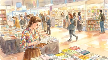Ilustración acuarela de una concurrida feria del libro. Una mujer en primer plano hojea un libro mientras personas de diversas edades caminan y examinan estantes.
