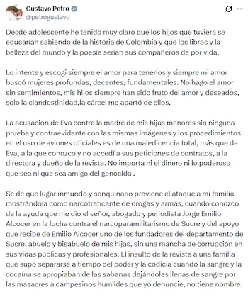El exjefe de Estado vinculó el conflicto con solicitudes de contratación que, según expuso, no aceptó - crédito @petrogustavo/X