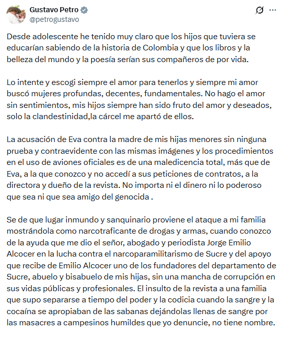 El exjefe de Estado vinculó el conflicto con solicitudes de contratación que, según expuso, no aceptó - crédito @petrogustavo/X