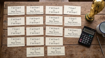 Una mesa de madera con dieciséis tarjetas de papel que muestran combinaciones de partidos de fútbol, una calculadora, un lápiz y el trofeo de la Copa Mundial.