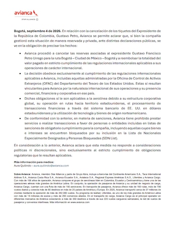La cancelación de los tiquetes de Gustavo Petro abarcó el vuelo del 30 de agosto de 2026 y el regreso del 2 de septiembre de 2026 - crédito Avianca