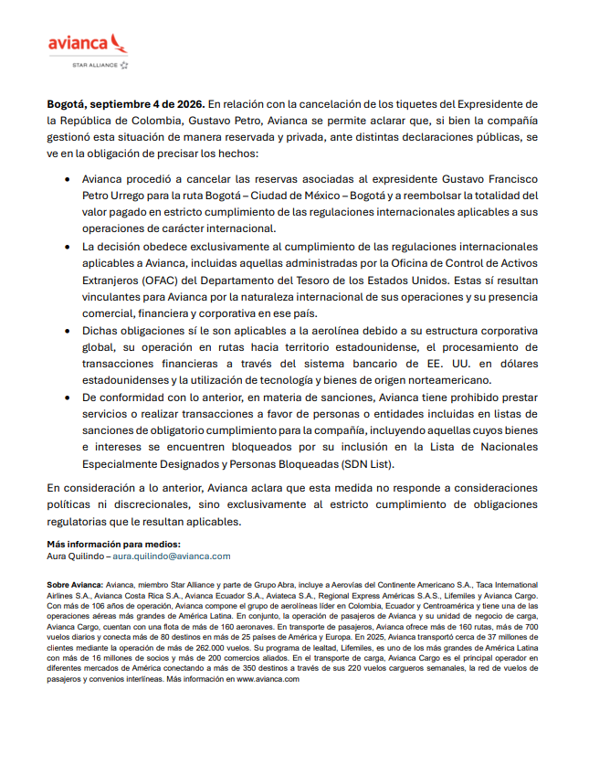 La cancelación de los tiquetes de Gustavo Petro abarcó el vuelo del 30 de agosto de 2026 y el regreso del 2 de septiembre de 2026 - crédito Avianca