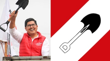 Un hombre sonriente con lentes y chaleco rojo sostiene una pala junto al símbolo político de una pala