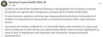 La Oficina del Sheriff del Condado de Stanislaus confirmó que solo agentes del ICE intervinieron en el tiroteo, sin participación de fuerzas locales. (Cortesía: Oficina del Sheriff del Condado de Stanislaus)