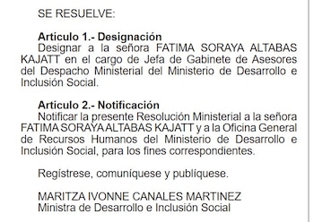 Documento impreso con el texto de una resolución. Muestra la designación de Fátima Soraya Altabas Kajatt en un ministerio y la firma de la Ministra