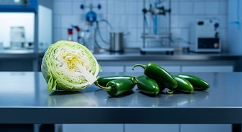 Cabeza de lechuga iceberg cortada, varios pimientos jalapeños verdes y una mesa de acero inoxidable, con un laboratorio desenfocado al fondo.
