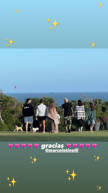 Seis personas y dos perros, de espaldas, observan el mar azul y dos cometas de kitesurf en la distancia desde un área de césped
