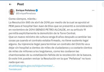 Enrique Peñalosa le responde al presidente Gustavo Petro en la red social X - crédito @EnriquePenalosa