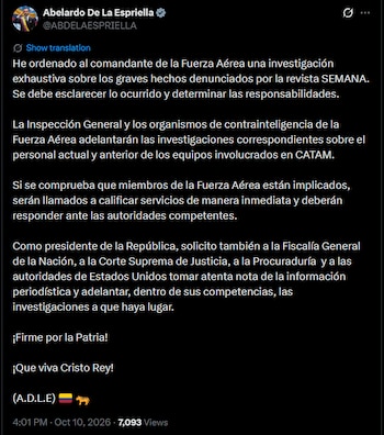 De la Espriella anunció que la Inspección General y los organismos de contrainteligencia de la FAC investigarán al personal actual y anterior de los equipos involucrados, con el propósito de establecer qué ocurrió y determinar posibles responsabilidades - crédito @ABDELAESPRIELLA/X