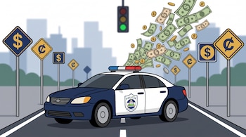 Patrulla de la Policía de Nicaragua en una calle con billetes saliendo de su sirena y señales de tránsito con símbolos monetarios.