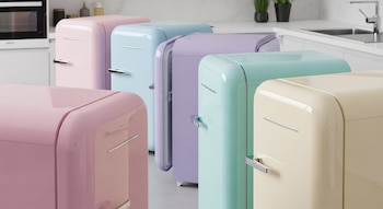 Cinco refrigeradores compactos verticales brillantes en rosa, celeste, lavanda, verde menta y crema, en una cocina moderna.