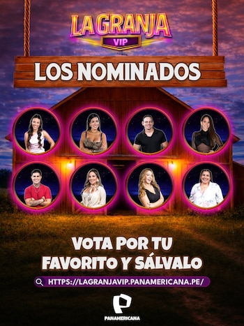Gráfico de La Granja VIP: 'Los Nominados'. Contiene ocho retratos de concursantes, un fondo de granja y la invitación a votar por el favorito en su web