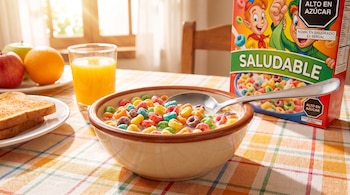 Tazón con cereal de aros de colores y leche, cuchara, caja de cereal "Alto en Azúcar", vaso de jugo de naranja, plato con tostadas, plato con manzanas y naranja en una mesa.