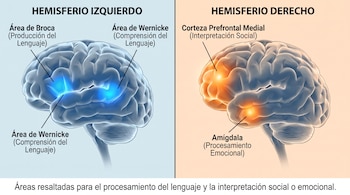 Ilustración de cerebro con hemisferio izquierdo señalando Área de Broca y Área de Wernicke, y hemisferio derecho señalando Corteza Prefrontal Medial y Amígdala.