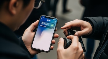Primer plano de dos manos, una sosteniendo un iPhone con la aplicación Apple Pay abierta y otra manipulando un dispositivo móvil o lector de tarjetas.