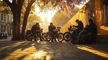 repartidores con mochilas, jóvenes mirando el celular, fila de trabajadores de delivery, bicis y motos estacionadas, apps de reparto - (Imagen Ilustrativa Infobae)